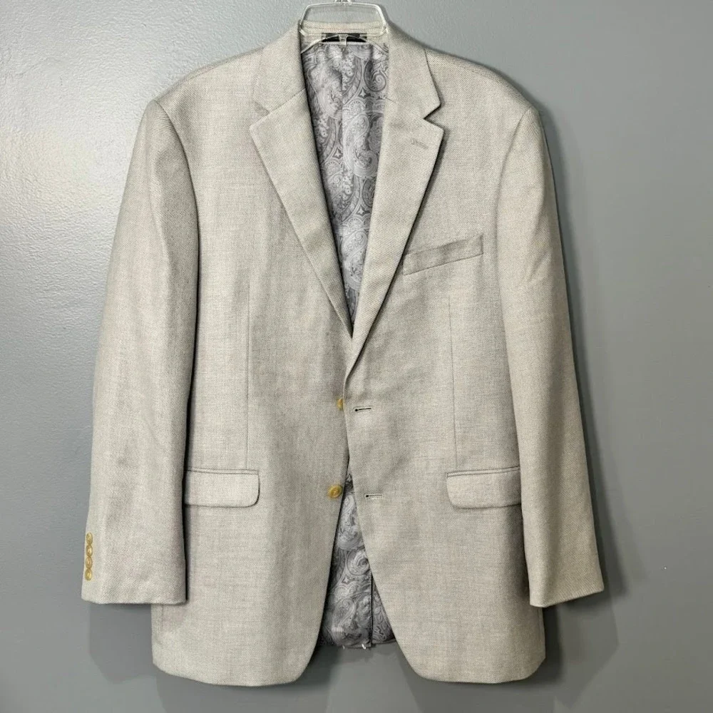 Chaps Blazer Men 42L Tan Linen Blend Sport Coat Classic Two Button Formal Preppy